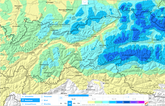 24-Stunden Neuschneeprognose 22.01. auf 23.01.2022. Lokal ist laut letzten Prognosen auch mehr Schnee zu erwarten.