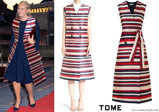 Crown Princess Mette Marit wore TOME Satin Stripe Sleeveless Trench Coat