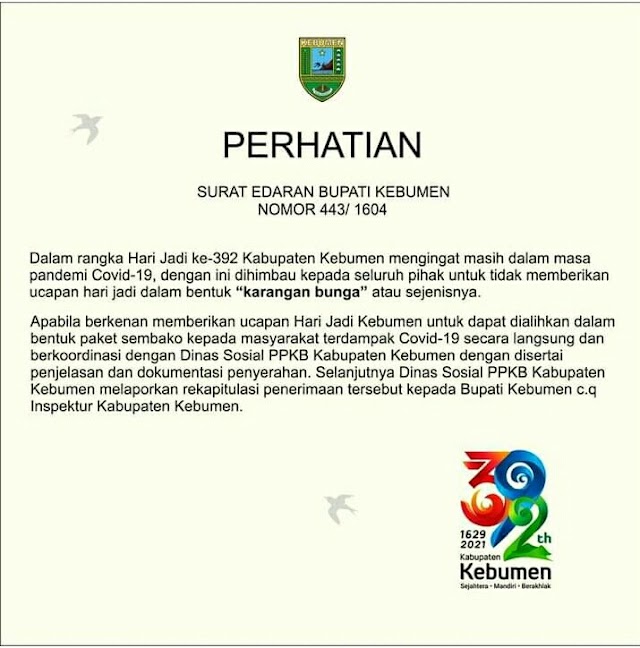 Peringati Hari Jadi Kebumen ke 392, Bupati Larang Ada Kiriman Karangan Bunga