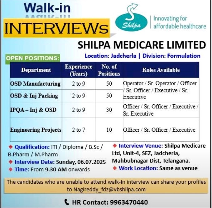 🎯 Shilpa Medicare Ltd Walk-In Drive – 6th July | 140+ Vacancies in OSD, IPQA, Packing & Projects! 🏭💊