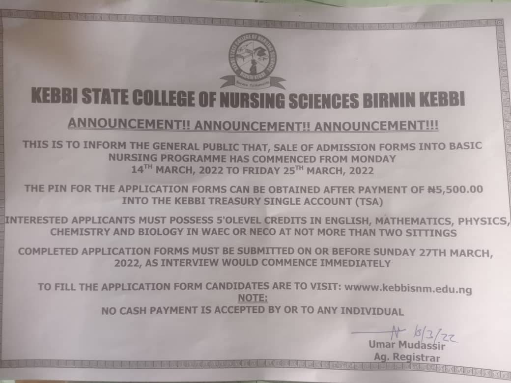 Kebbi State College of Nursing Sciences Form 2022/2023