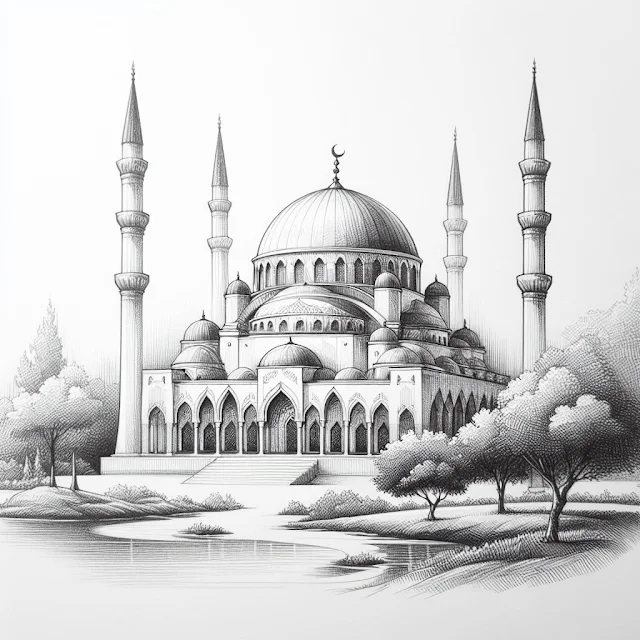 gambar masjid yang mudah digambar dan berwarna Gambar masjid dengan danau di depannya