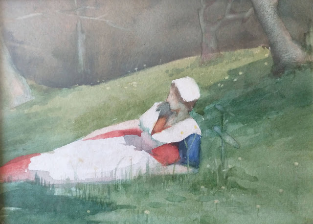 Watercolour study, when at the Edinburgh College of art, "Untitled (Young woman lying on grass)," by Winnie Burnett c. 1908.