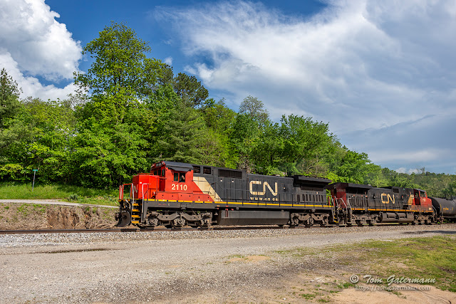 CN 2110 and CN 2593 northbound on the Centralia Subdivision at Makanda, IL.