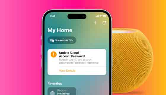 يعرض تطبيق iPhone Home لافتة مشكلة كلمة مرور iCloud و Apple ID مع HomePod في خلفية الصورة