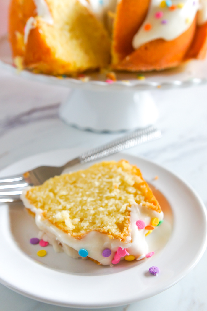 buttermilk bundt cake slice with sprinkles