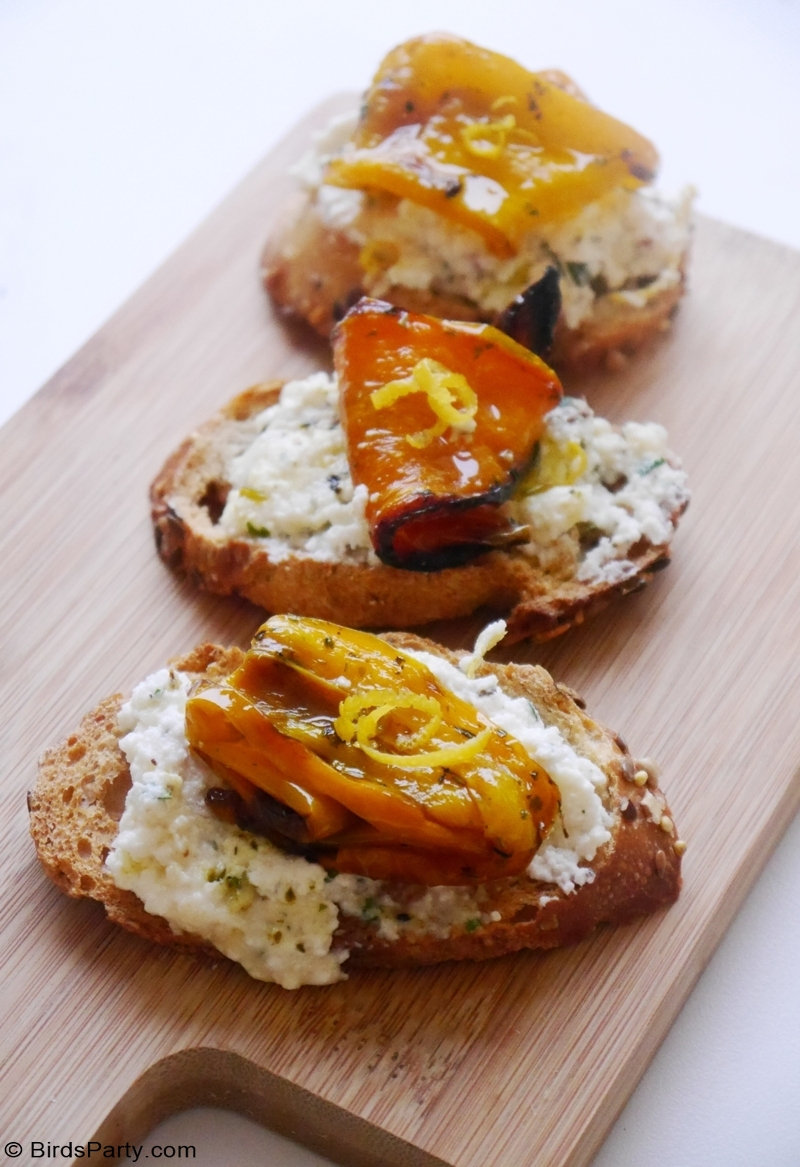 French Ricotta Dip and Roast Peppers Crostini Appetizers - quick and easy to make, light, delicious tartine recipe for spring or summer entertaining!  by BirdsParty.com @BirdsParty #appetizer #recipe #partyfood #fingerfood #whippedricotta #brousse #frenchcheese #ricottadip #cheesedip #oscarsappetizer #oscarsfood #springappetizer