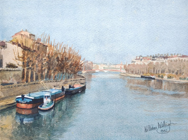 A watercolour of barges along the quays of the Saône at Lyon, entitled "La Saône à Lyon," by William Walkington in 1992