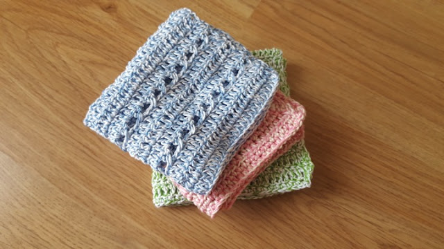 A trio of crochet kitchen towels