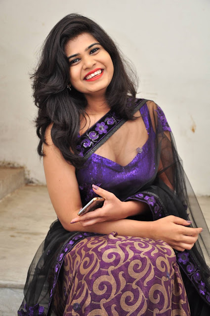 Alekhya Angel South Indian Actress Hot Pics In Half Blue Transparent Saree 6