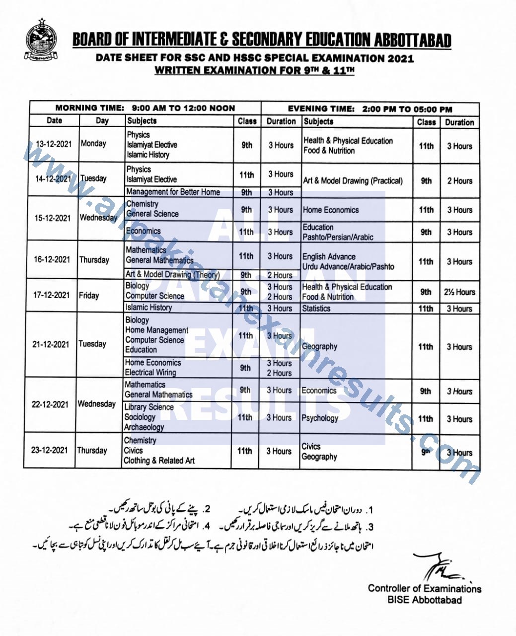 BISE abbotabad Date Sheet For SSC & HSSC Part 1 Special Exam 2021