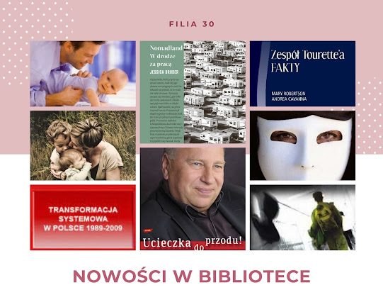 Kolaż prezentujący fragmenty okładek nowości bibliotecznych