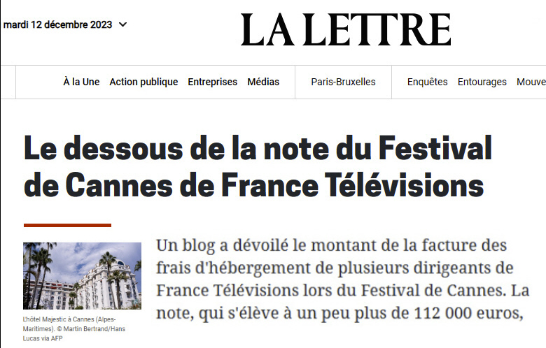 112.123€ payés au Majestic Hôtel de Cannes pour le quatuor de France Télés