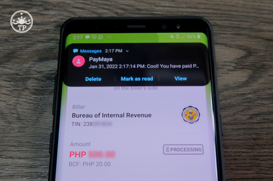 BIR Payment PayMaya Text Confirmation Notification