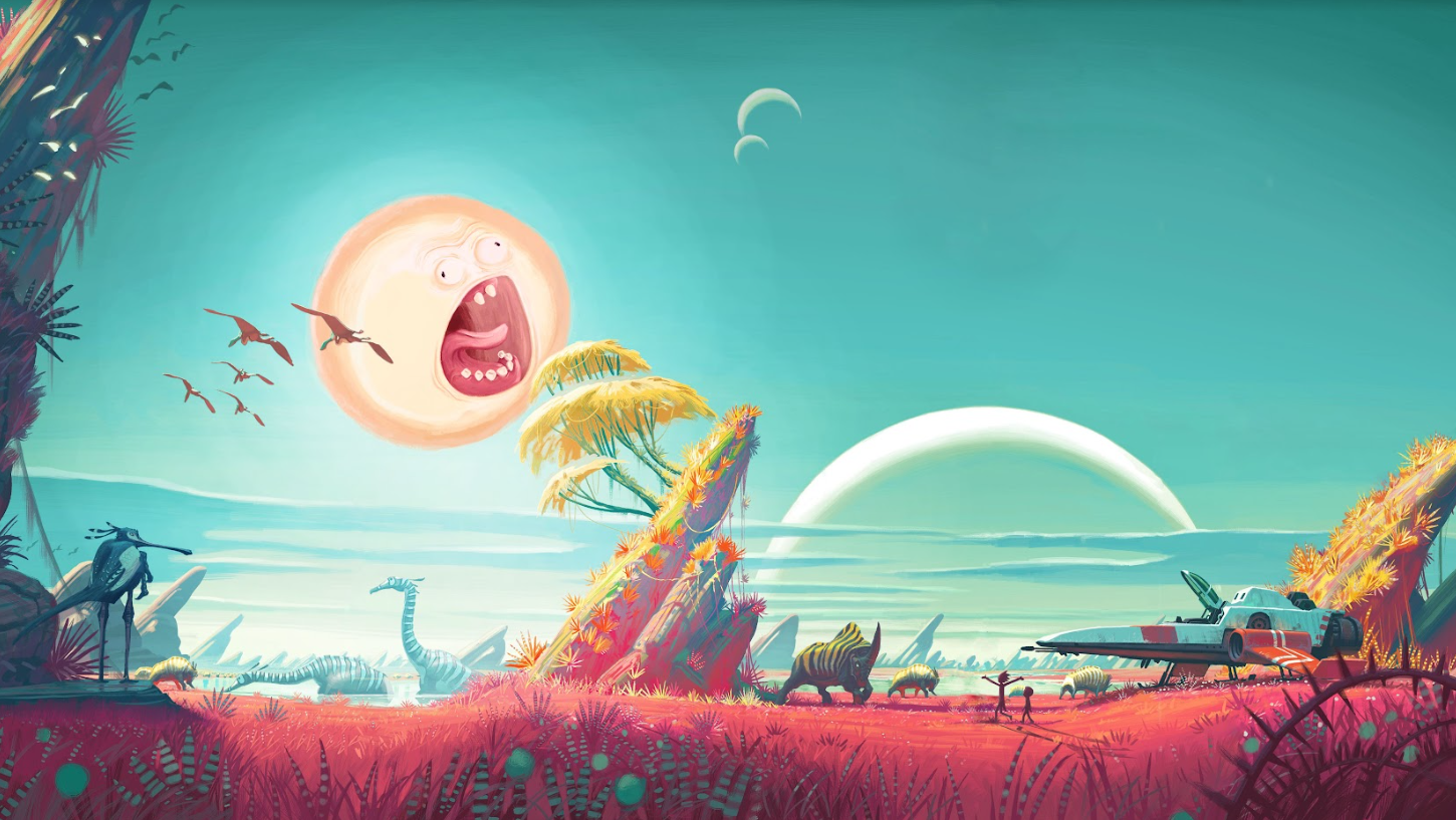 Rick and Morty exploring a colorful and otherworldly planet, complete with bizarre creatures and surreal landscapes