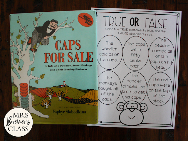 Caps for Sale book activities unit with Common Core aligned literacy companion activities and a craftivity for Kindergarten and First Grade