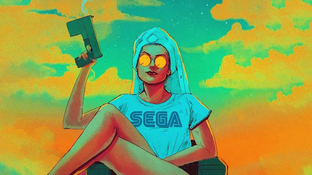 stylish girl holding a gun, wearing a Sega shirt and sunglasses