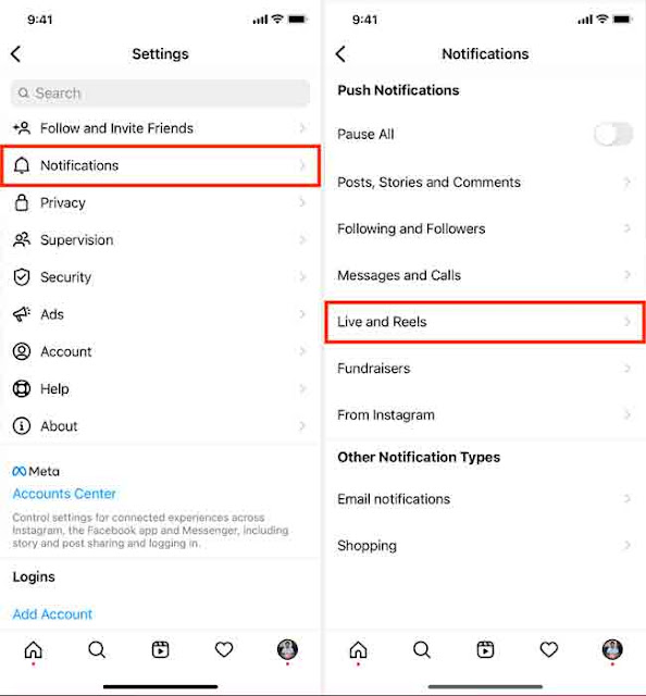 إعدادات إخطار Live and Reels على Instagram