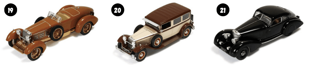 hispano suiza h6 tulip wood 1:43, mercedes-benz 460 nürburg pullman 1:43, mercedes-benz 500K autobahn-kurier 1:43, coleccion ixo museum