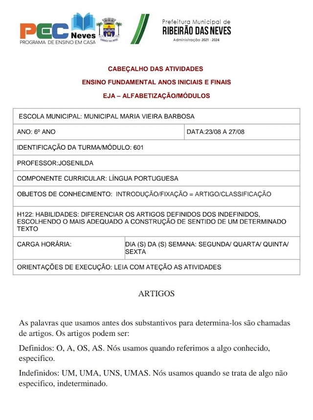 Atividade de Língua Portuguesa 6 Ano - 23/08 a 27/08 -  Professora Josenilda