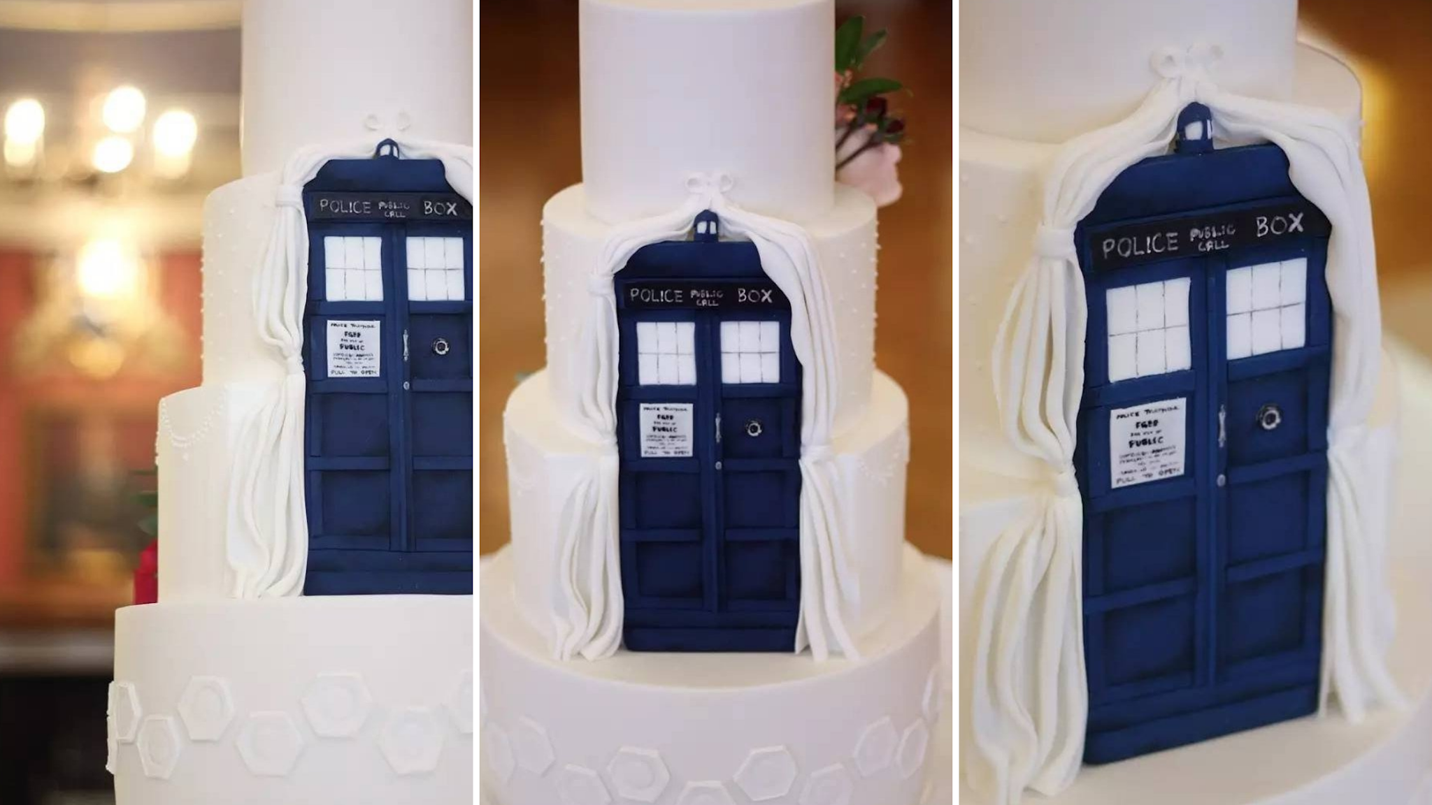 white wedding cake by Sugared Saffron with a TARDIS showing at the back