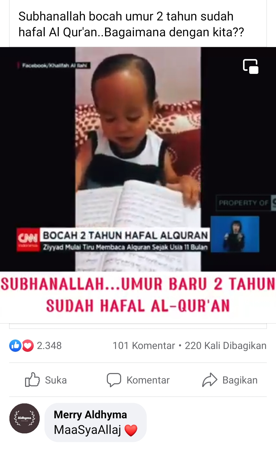 Subhanallah bocah umur 2 tahun sudah hafal Al Qur'an