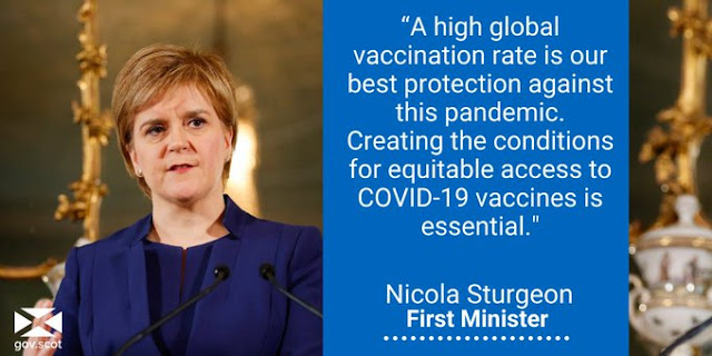 Nicola asks for vaccine equity Image of Nicola looking stern, and text snippet alongside