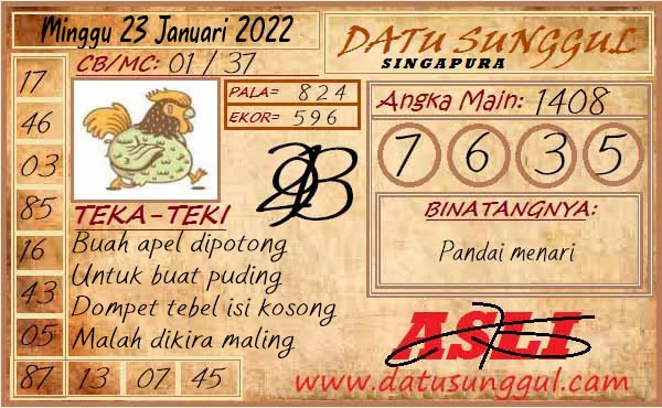 Prediksi Datu Sunggul SGP Hari Ini 23 Januari 2022