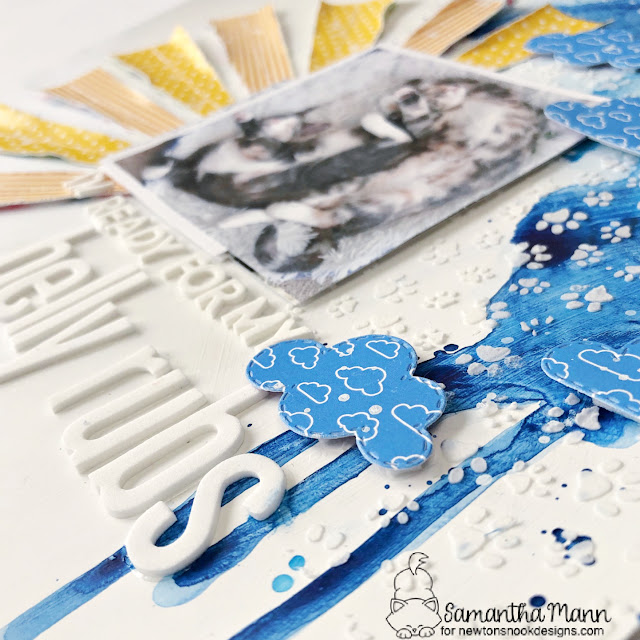 Sun and Clouds Kitten Scrapbook Page by Samantha Mann | Springtime Paper Pad, Love & Meows Paper Pad, Petite Paw Prints Stencil and Sky Scene Builder Die Set by Newton’s Nook Designs #newtonsnook #handmade