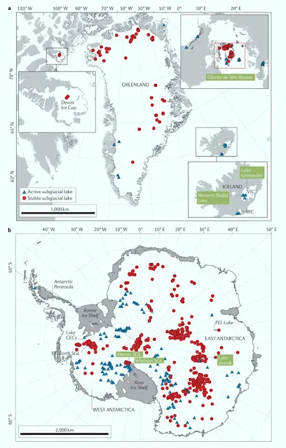 Inventario mundial de lagos subglaciales: (a) inventario de los lagos subglaciales (SGL) del hemisferio norte; el recuadro superior derecho muestra la ubicación de la parte a (recuadro rojo) en el hemisferio norte; (b) inventario de los SGL bajo la capa de hielo antártica; las extensiones de los lagos más grandes (como el lago PEL y el lago Vostok) se definen con polígonos azules; los círculos rojos representan lagos estables identificados a partir de sondeos de radio-eco (RES), y los triángulos azules representan lagos activos que se ha observado que drenan al menos una vez durante el período de observación; los lagos etiquetados en verde han sido accedidos y muestreados limpiamente con la excepción del Glaciar de Tête Rousse, que fue monitoreado usando sondeos (nivel de agua) y sonar (geometría de la cavidad), y el Lago Vostok. MIC - Mýrdalsjökull Ice Cap, VIC - Vatnajökull Ice Cap. Crédito de la imagen: Livingstone et al., doi: 10.1038/s43017-021-00246-9.
