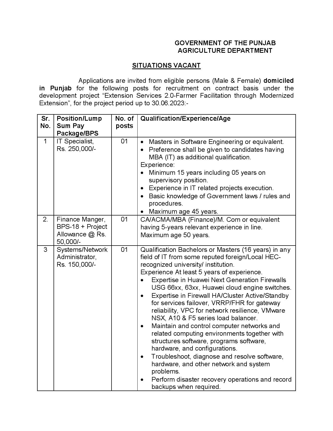 Latest Agriculture Department Punjab Jobs 2021