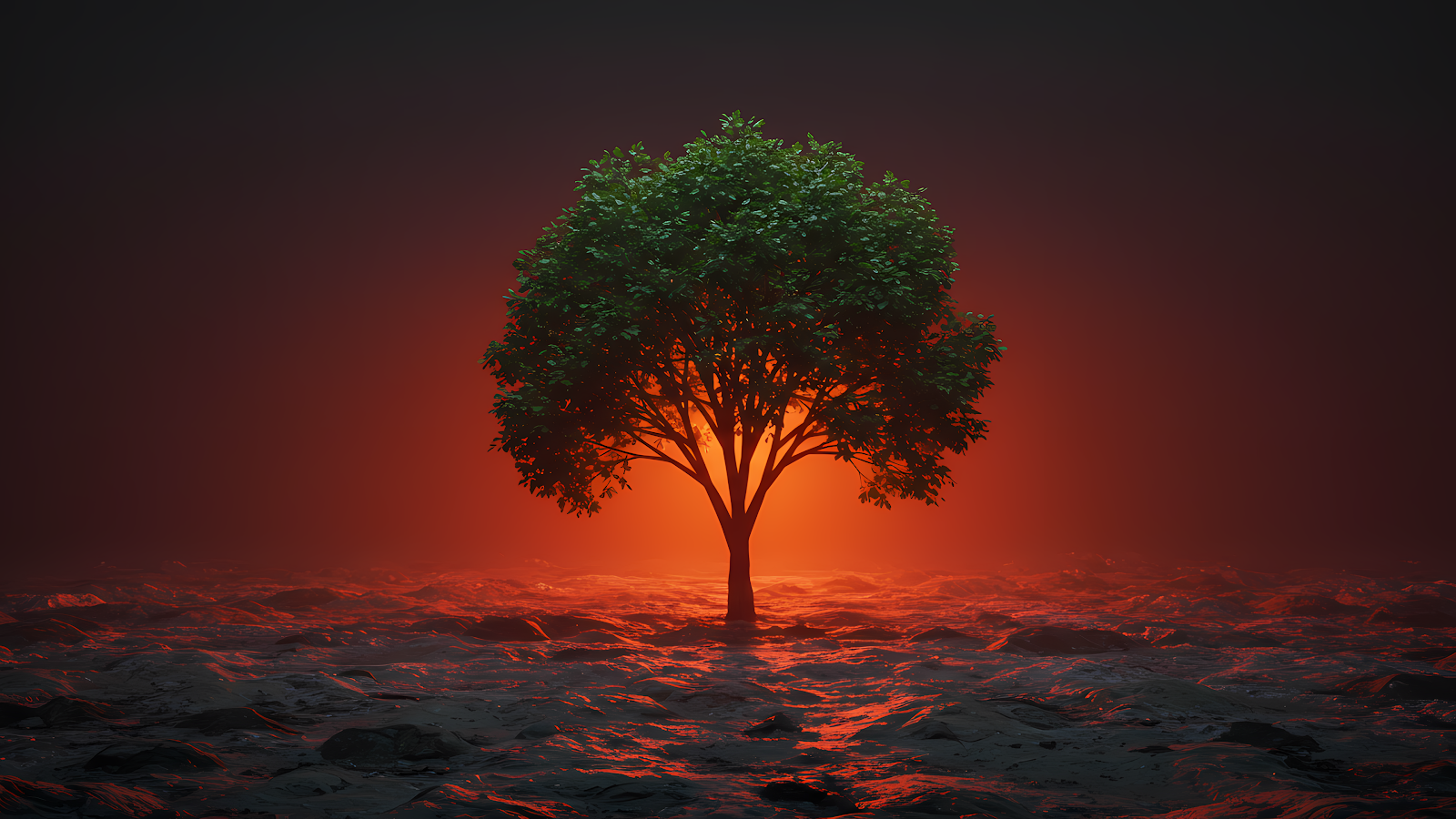 A solitary tree illuminated against a fiery red backdrop, emerging from a dark, textured surface
