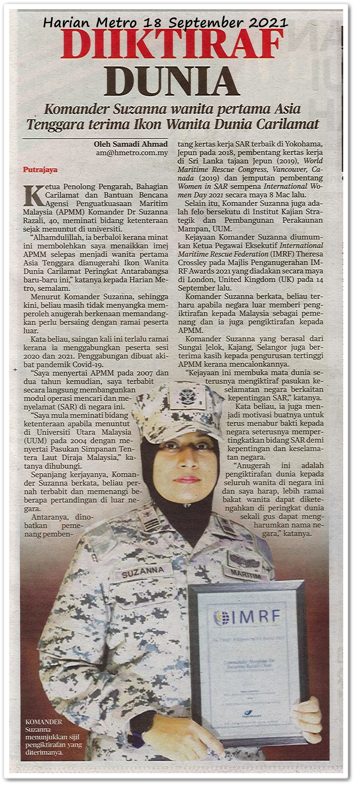 Diiktiraf dunia ; Komander Suzanna wanita pertama Asia Tenggara terima Ikon Wanita Dunia Carilamat - Keratan akhbar Harian Metro 18 September 2021