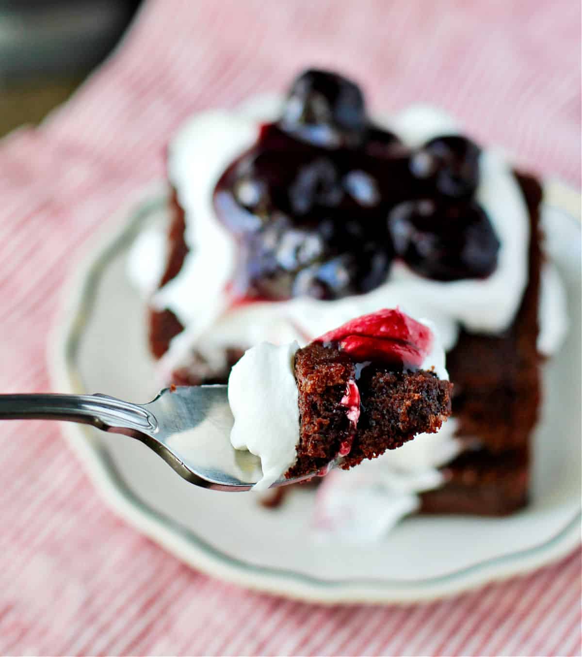 Easy Black Forest Cake bite on a fork.