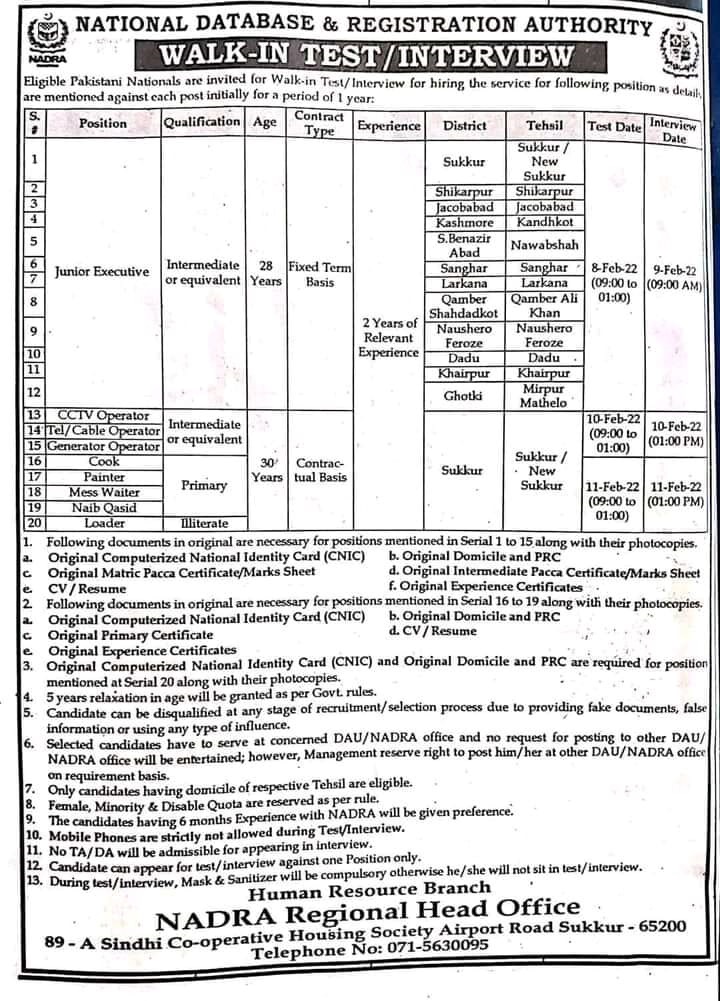 Latest Nadra Jobs 2022 in Sindh