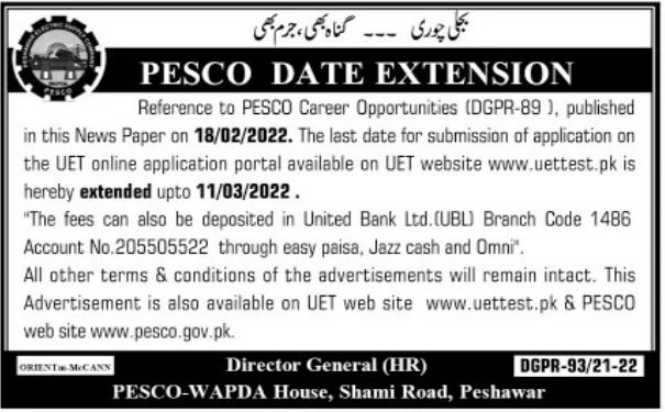 Latest Peshawar Electric Supply Company PESCO Management Posts Peshawar 2022