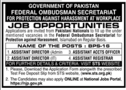 Federal Ombudsman Secretariat for Protection Against Harassment (FOSPAH) Jobs 2022