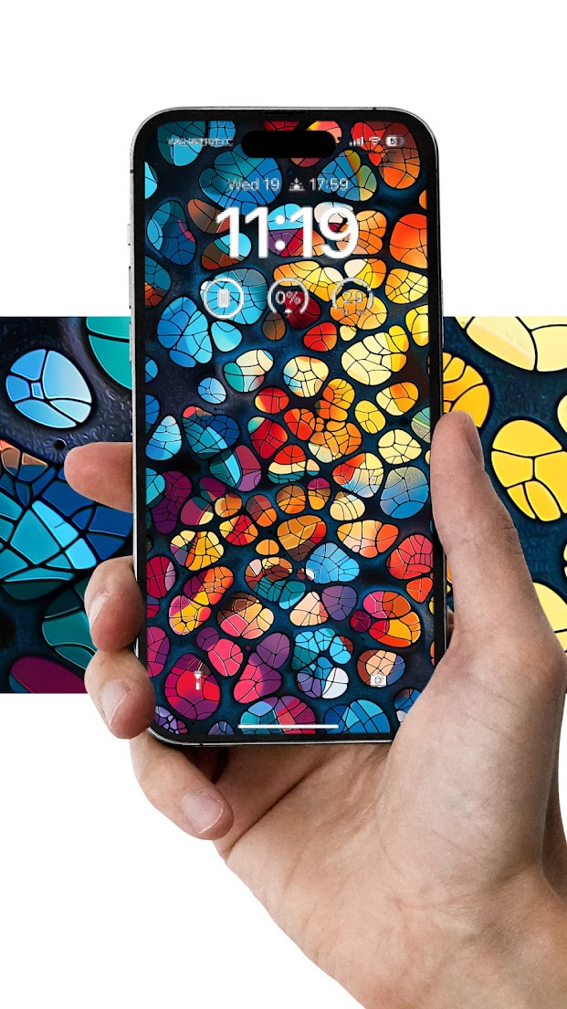 Abstract mosaic of stained glass in vibrant colors forming a kaleidoscopic pattern in 4K, an artistic iphone wallpaper