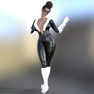 rachel following his boyfriend's request turns her symbiote into a tight leather catsuit hugging her curvaceous body deep v cut showing ample clevage lightly hidden by white fur leaving room for imagination