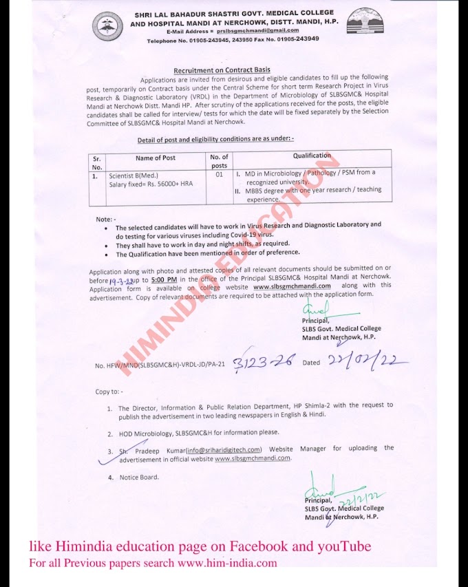 SLBS MANDI RECRUITMENT 2022 OUT