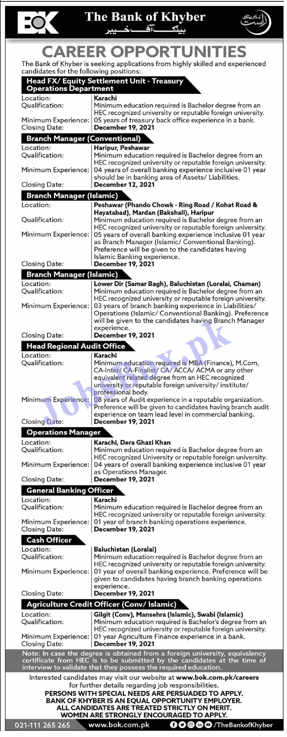 Bank of Khyber BOK Jobs 2021 – Apply Online via bok.com.pk