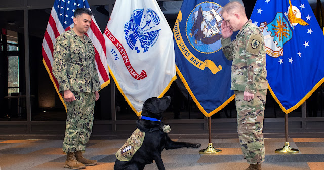 USU Senior Enlisted Leader Navy Master Chief Hospital Corpsman Michael Jimenez (left) stands at attention as newly-enlisted Army combat medic Sgt. Grover (center) renders a salute to USU Brigade Commander Army Col. Patrick Donahue (right).  Sgt. Grover is USU’s newest Facility dog.  (Photo by MC3 Brooks Smith, USN)