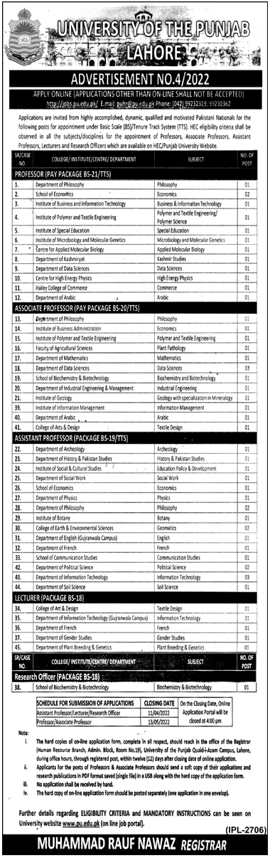 Latest Punjab University Teaching Posts Lahore 2022
