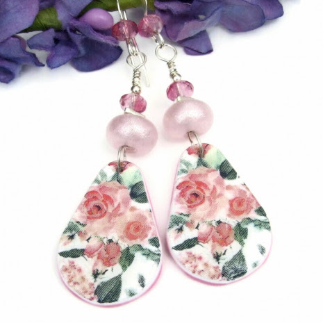 feminine pink roses earrings flowers handmade lampwork