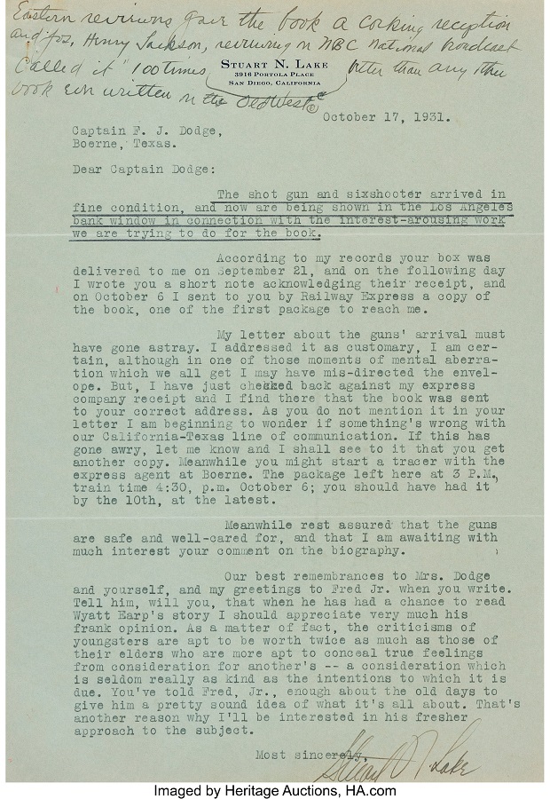 ~ 13. Letter to Capt. Dodge from Stuat Lake regauarding Shotgun and pistil. Oct. 17, 1931