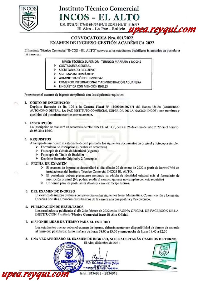 INCOS El Alto: Convocatoria para el Examen e Ingreso Gestión Académica 2022
