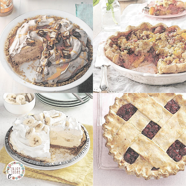 From Left to Right: Chocolate 🍫 Caramel Hazelnut Pie 🥧, Juicy Peach 🍑 & Strawberry 🍓 Crumb Pie 🥧, Old-Fashioned Banana 🍌 Cream Pie 🥧, Tart Cherry 🍒 Lattice Pie 🥧