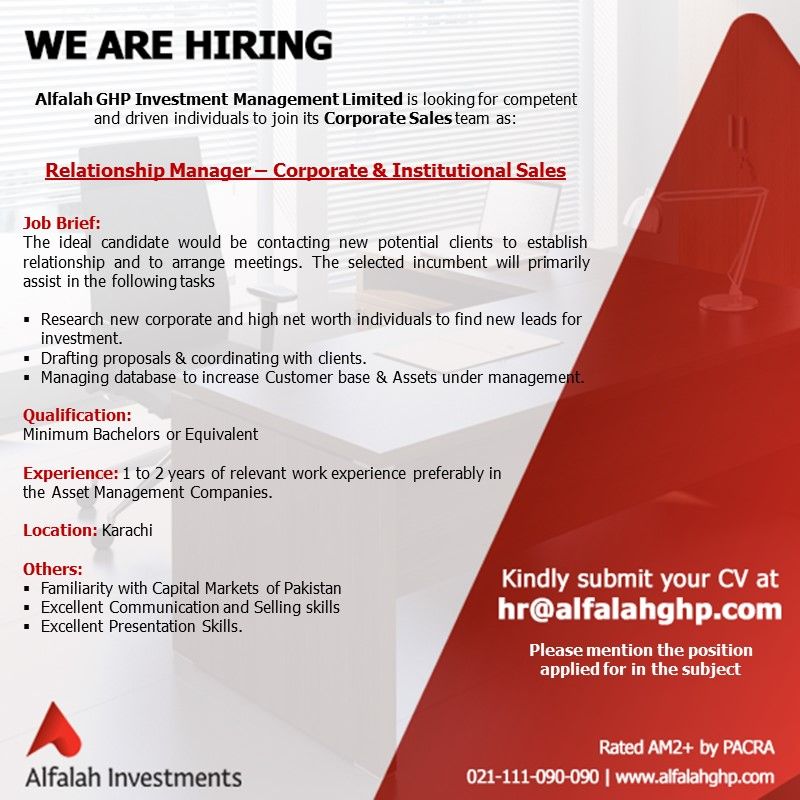 Alfalah GHP Investment Management Ltd Jobs Relationship Manager - Corporate & Institutional Sales