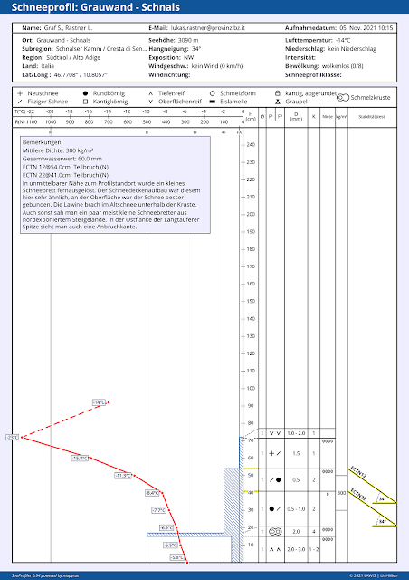 Profilo del manto nevoso sulla Cresta di Senales: Lo strato basale debole è coperto da una crostivina da fusione e rigelo e sopra ancora la neve soffice non influenzata dal vento. Nord ovest 3090 m.