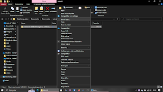 Descrição da imagem, gerenciador de arquivos do meu windows 10, com tema escuro, onde aparece o menu de aplicaçoes, em cima da pasta, com a opção de descompactar selecionada, fim da descrição